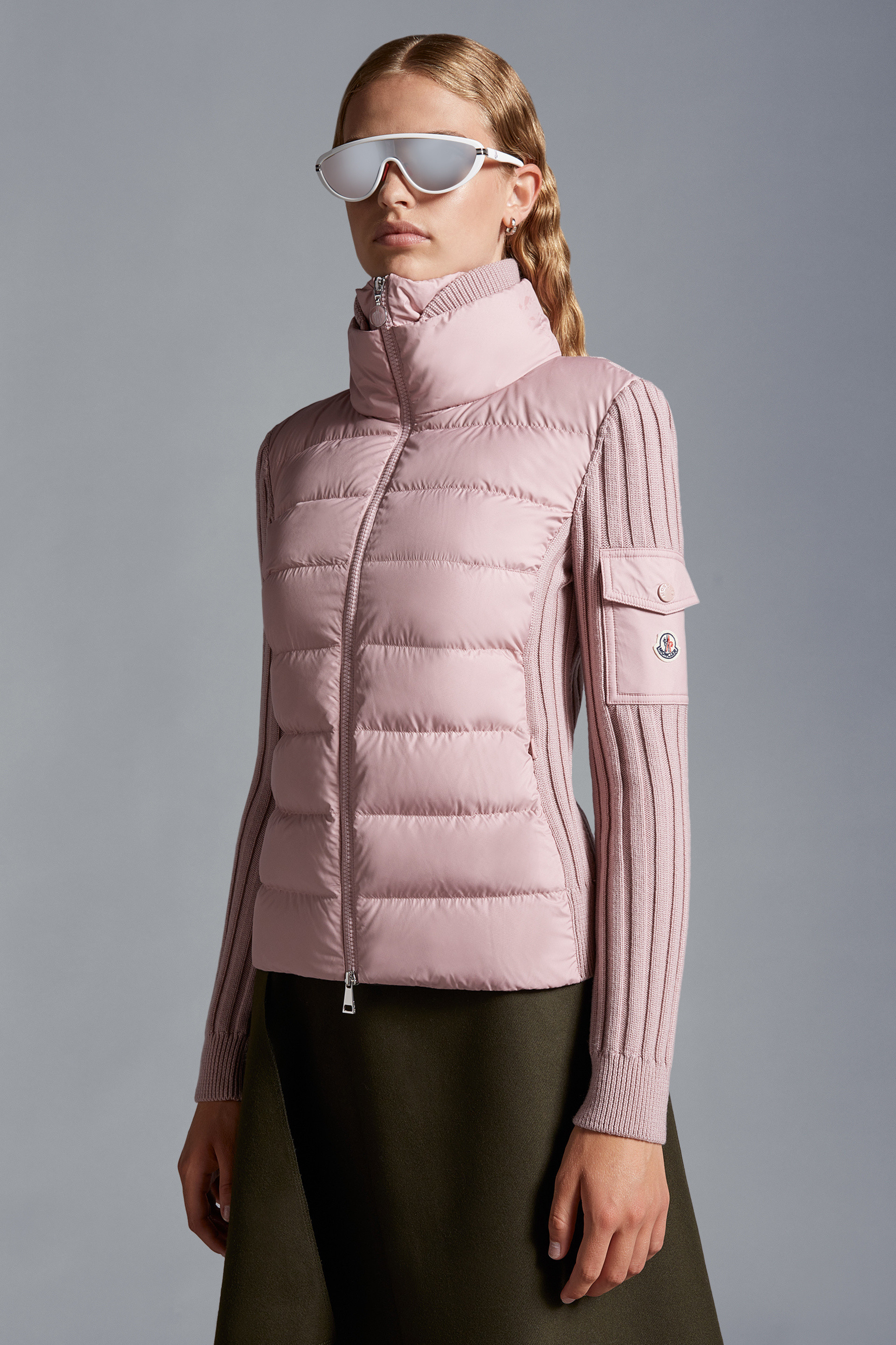 Moncler Padded Wool Spliced Cardigan In Pink