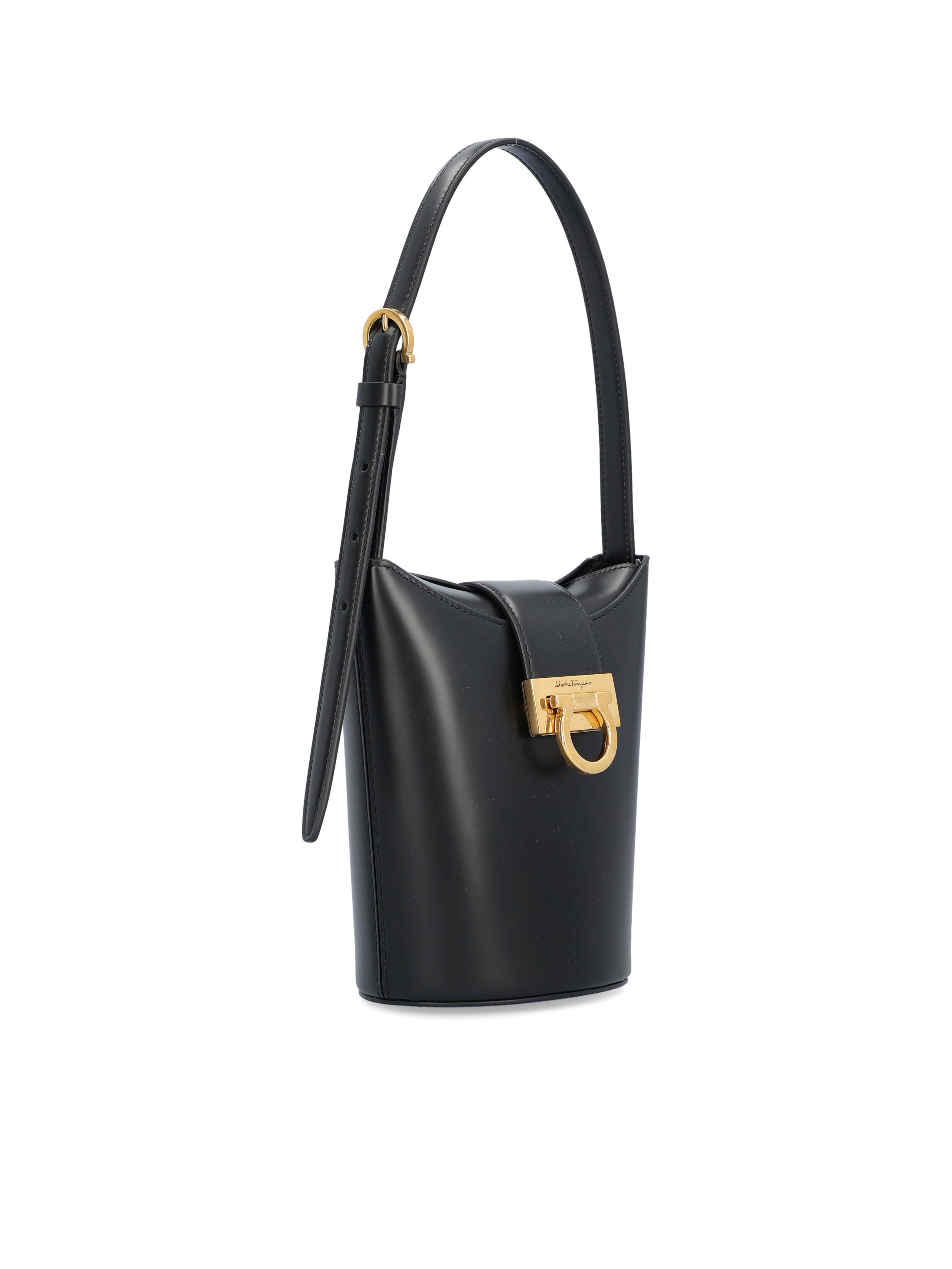 Ferragamo Structured Calfskin Bucket Bag In Black