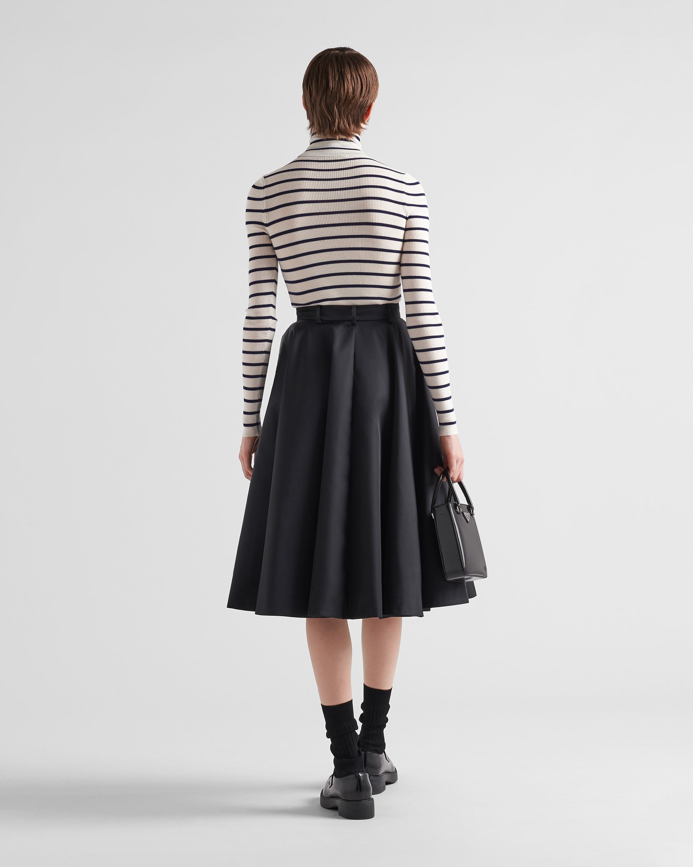Prada Belted Nylon Gabardine A-line Midi Skirt In Black