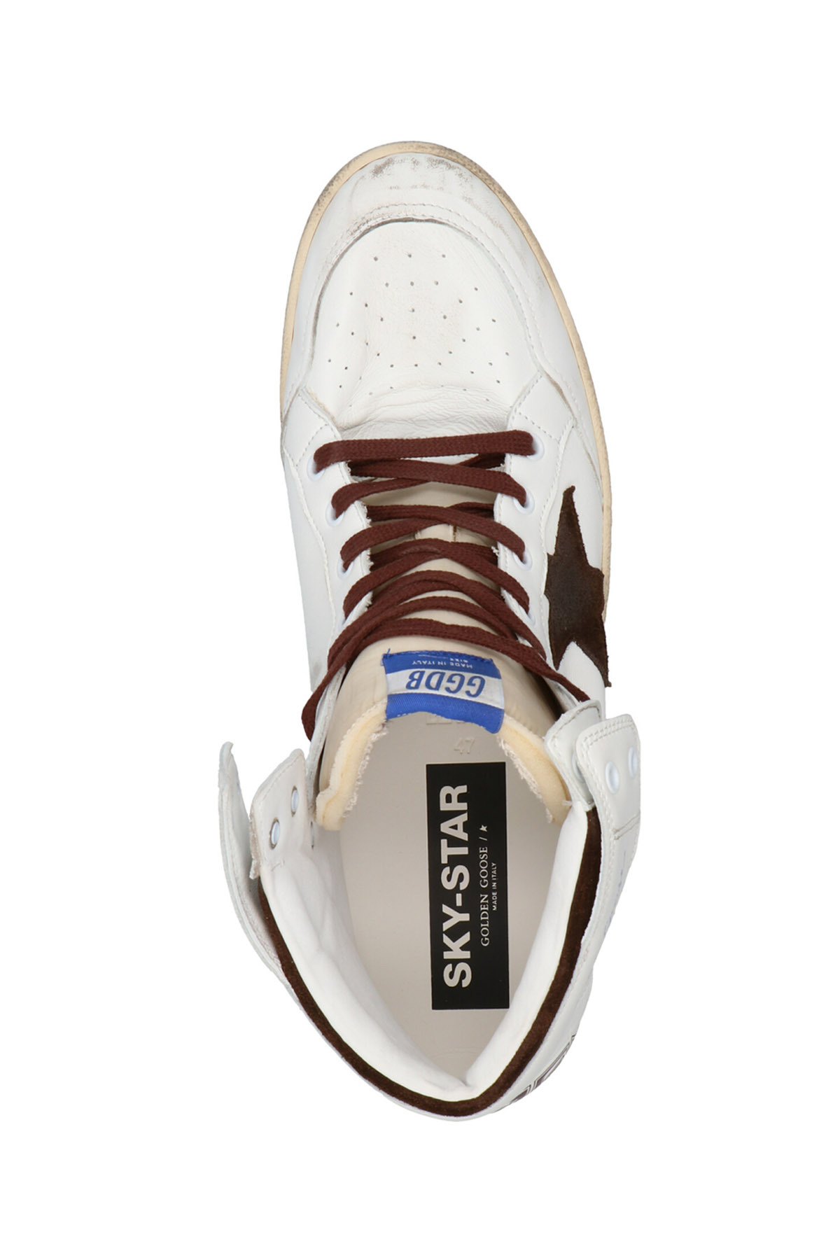 GOLDEN GOOSE MENS SKY-STAR IN WHITE NAPPA LEATHER WITH A CHOCOLATE SUEDE STAR