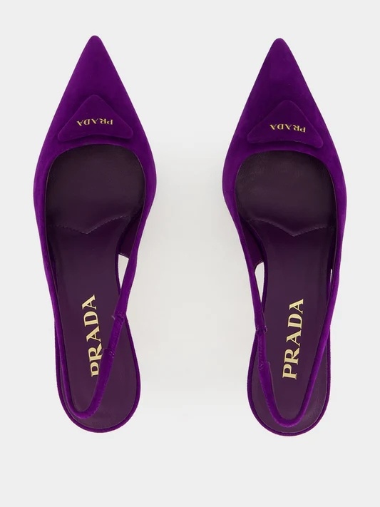 Prada 75 Triangle Logo Slingback Suede Pumps In Purple