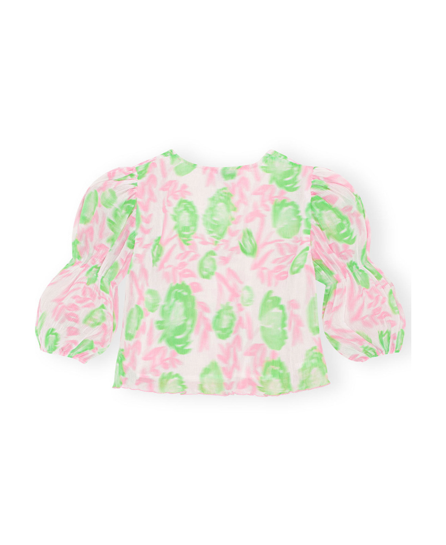 Ganni Short Sleeve Pleated Georgette U-neck Blouse In Pink