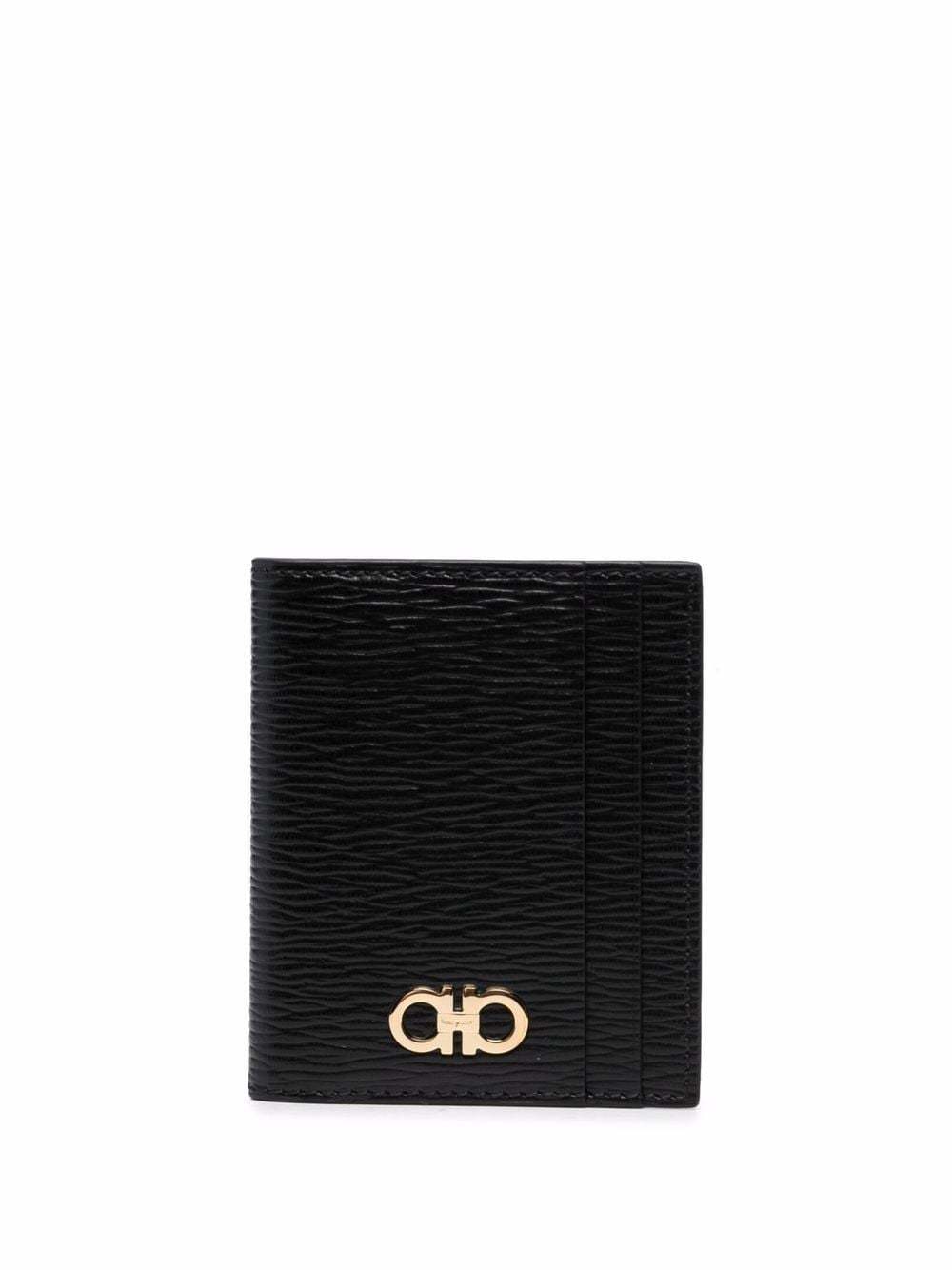 Ferragamo Black Cardholder With Gold-tone Gancini Logo In Calf Leather Man In Black