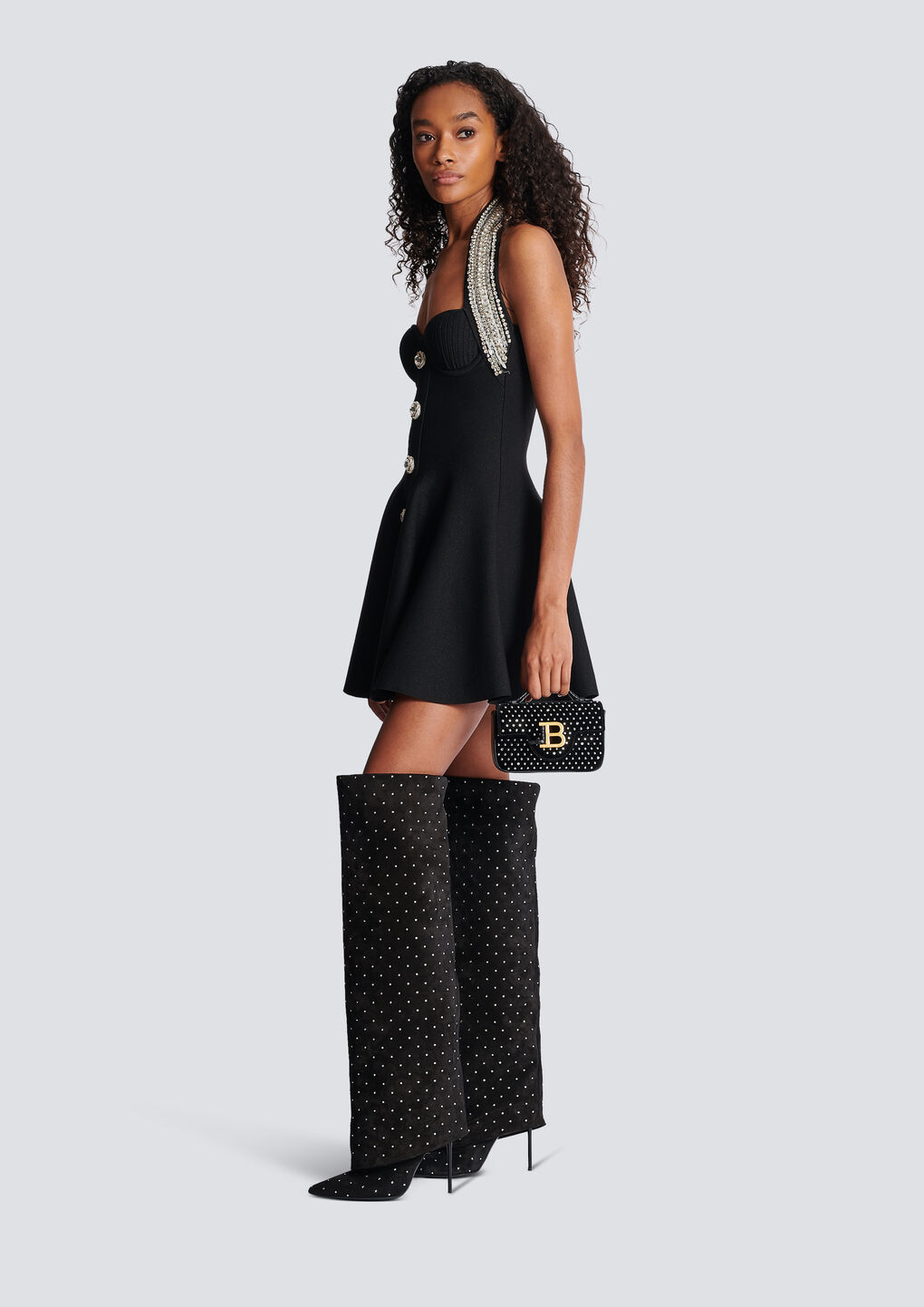 BALMAIN B-BUZZ MINI VELVET AND CRYSTAL BAG