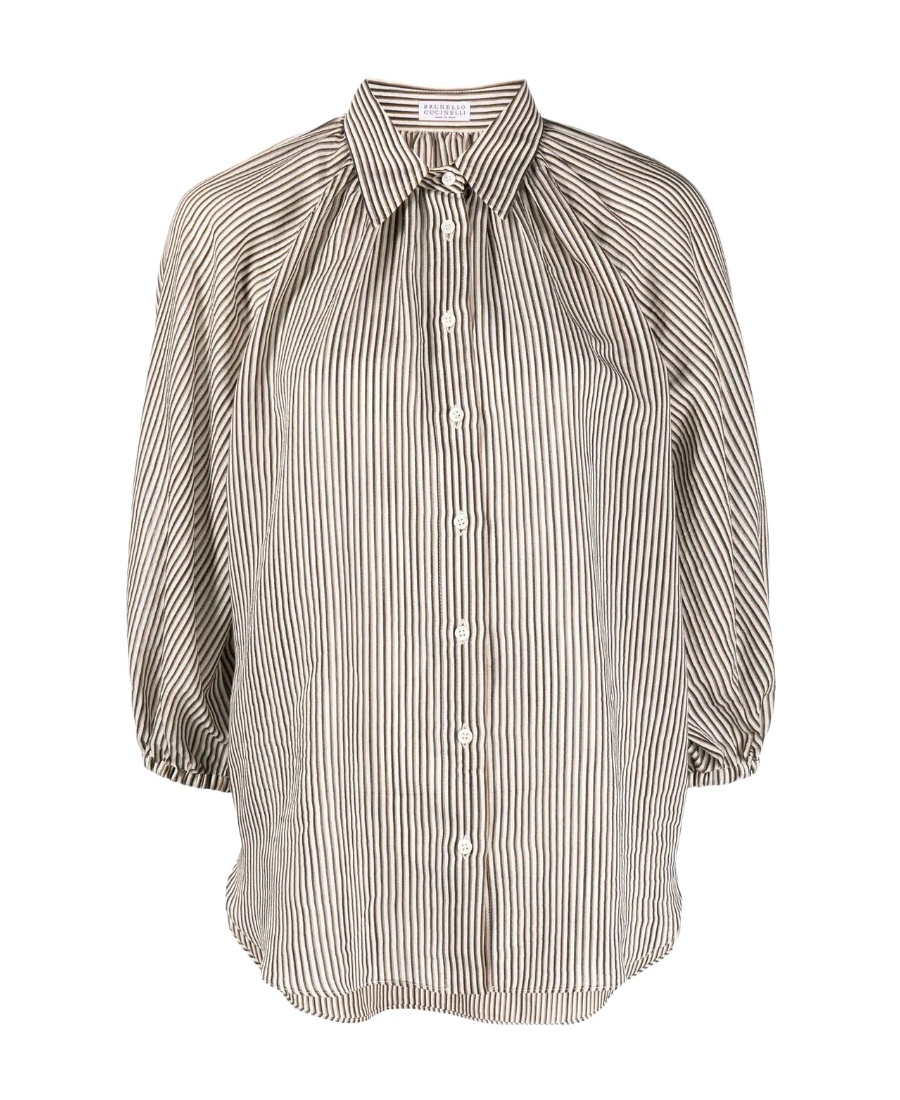 Brunello Cucinelli Striped Puff-sleeve Blouse In Multicolor