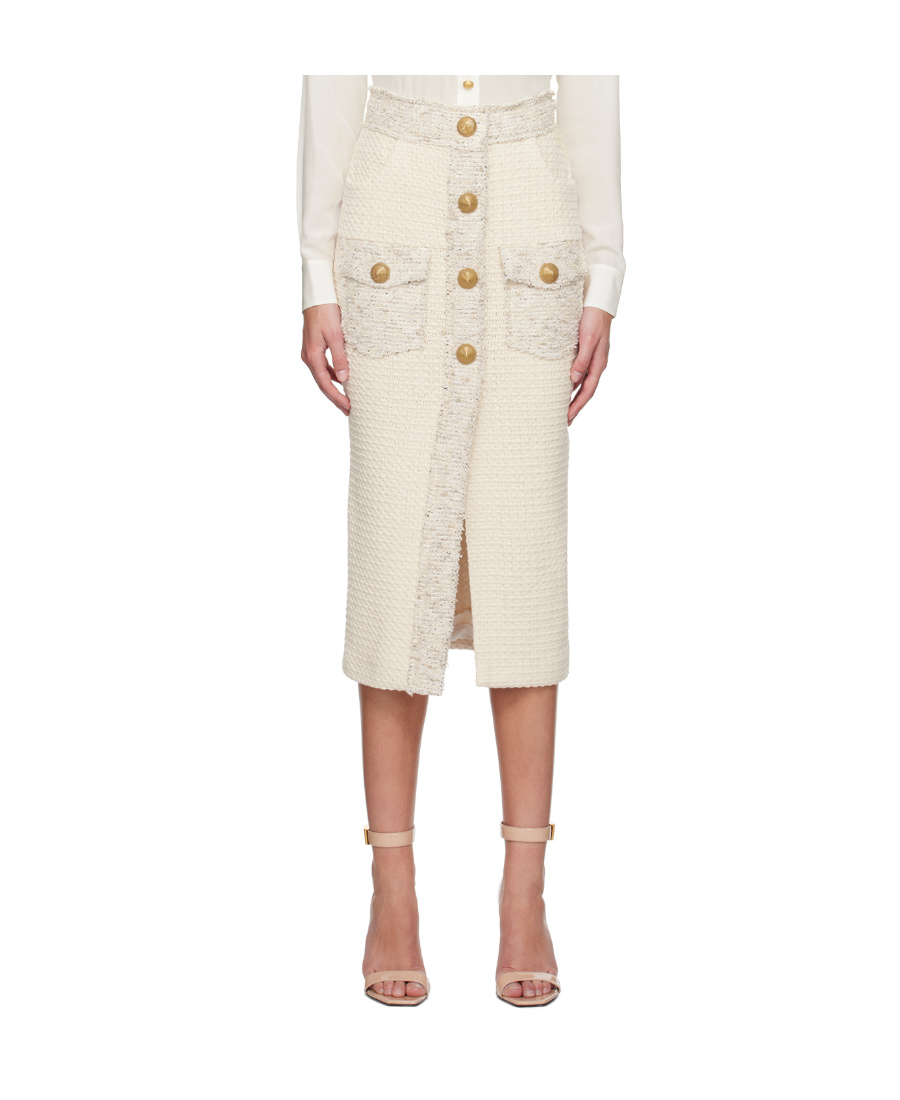 Balmain Button-detail Bouclé-tweed Pencil Skirt In White