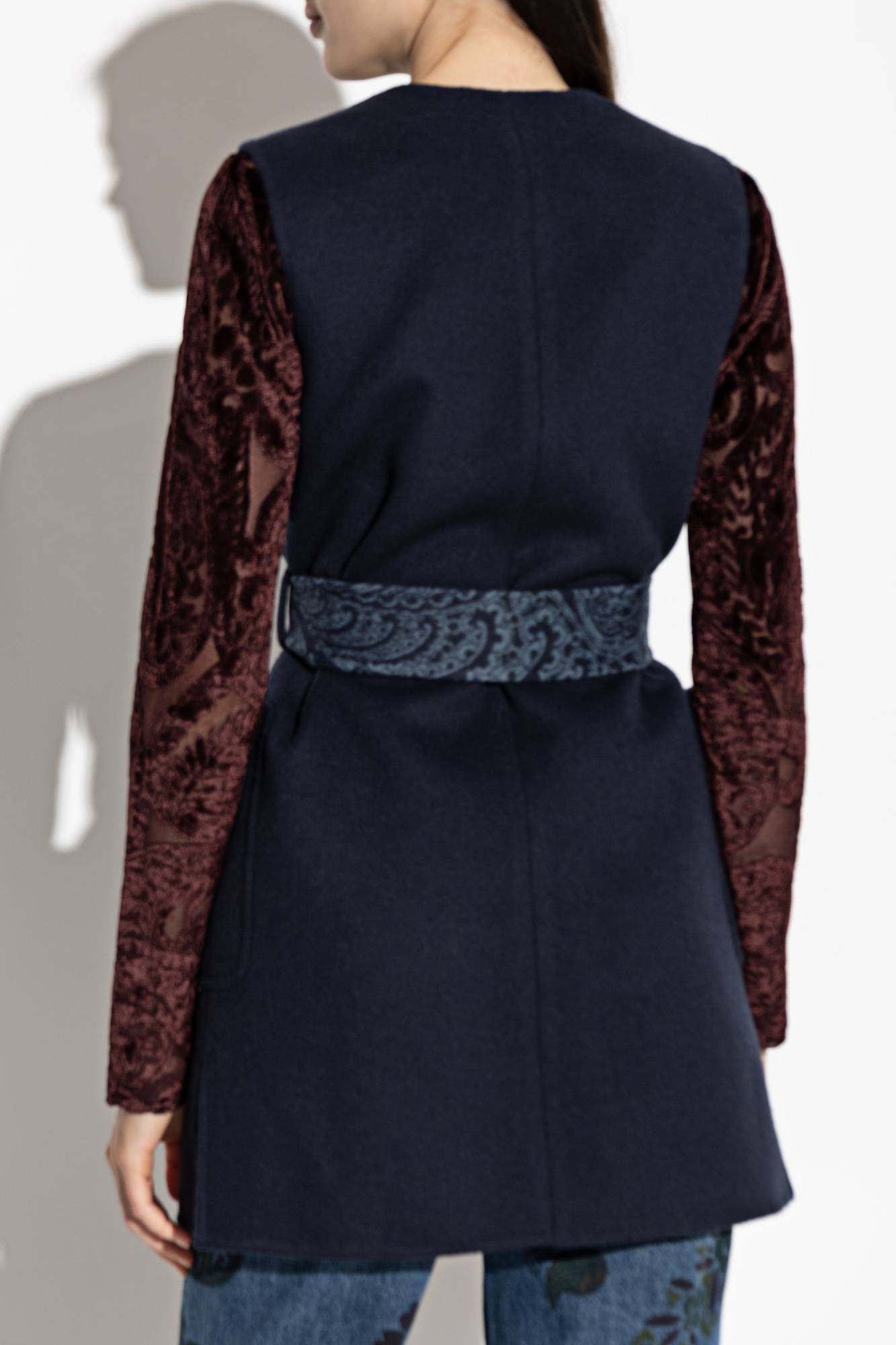 Etro Long Wool And Cashmere Jacquard Waistcoat In Blue