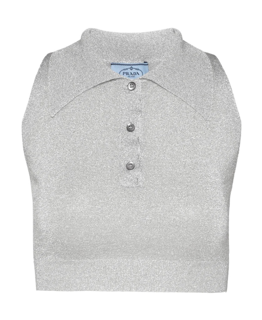 Prada Lurex Knit Crop Top In White