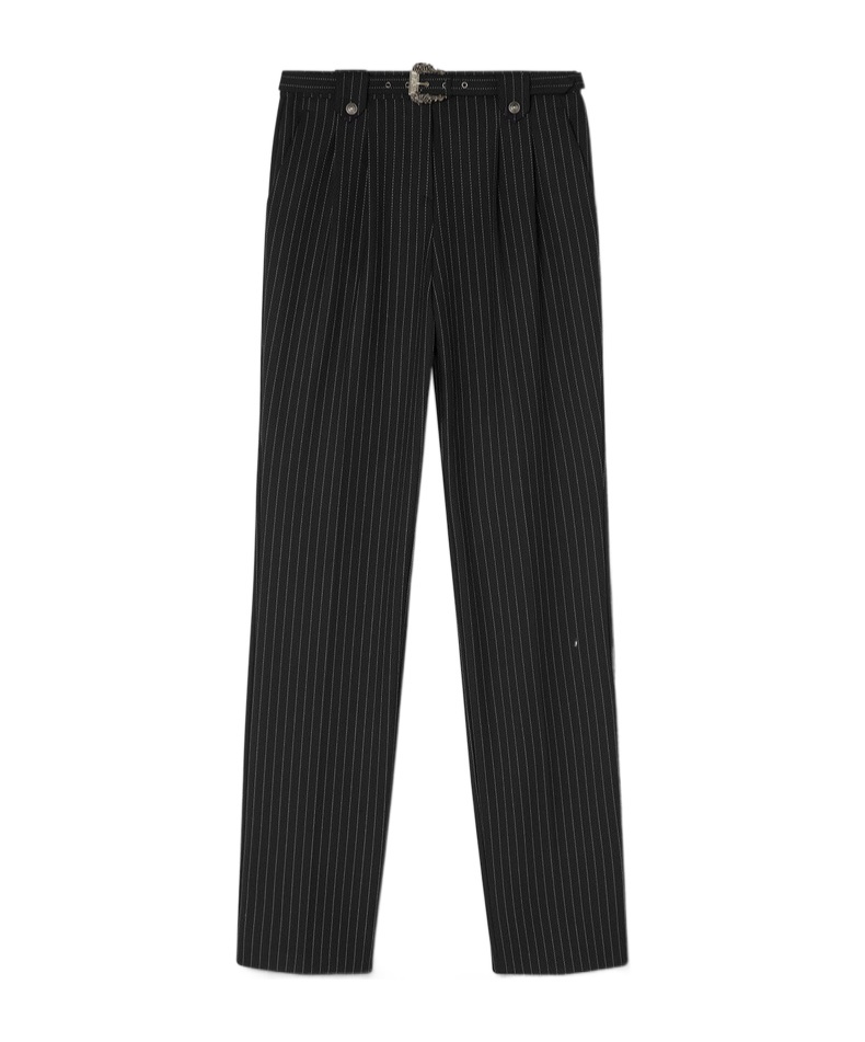 Versace Pinstriped Logo-engraved Straight Trousers In Black