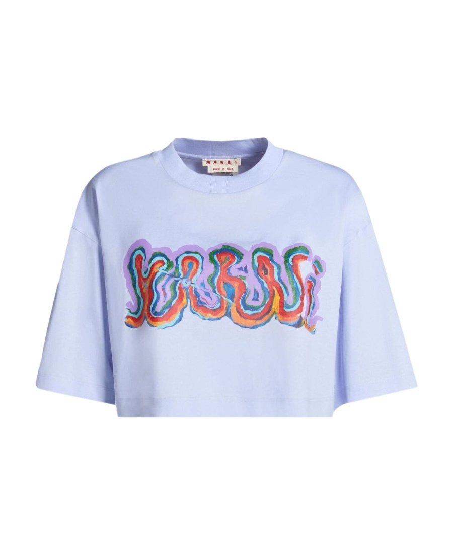 Marni Graphic-logo-print Cropped T-shirt In Blue