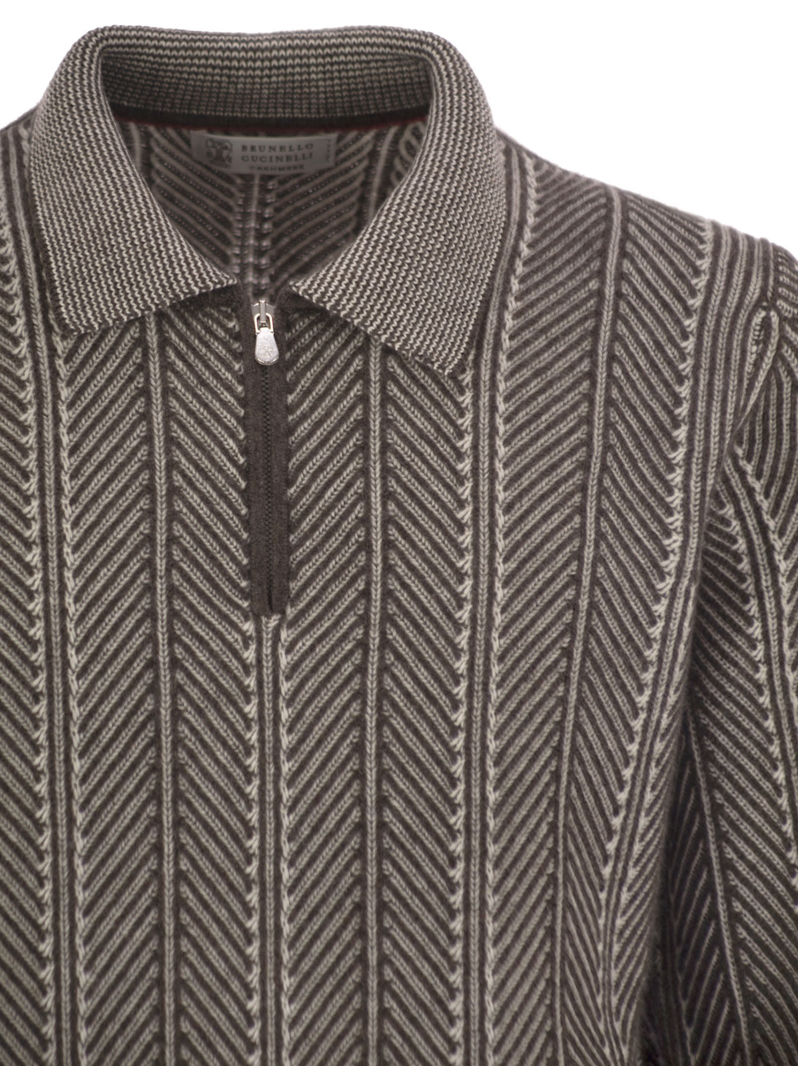 Brunello Cucinelli Herringbone-pattern Zipped Polo Shirt In Gray