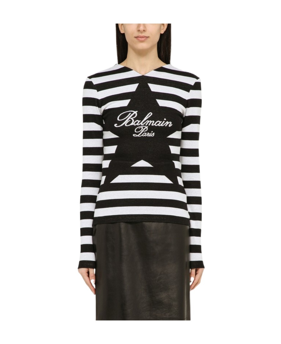 Balmain Black And White Striped Shirt With Cotton Logo In Black
