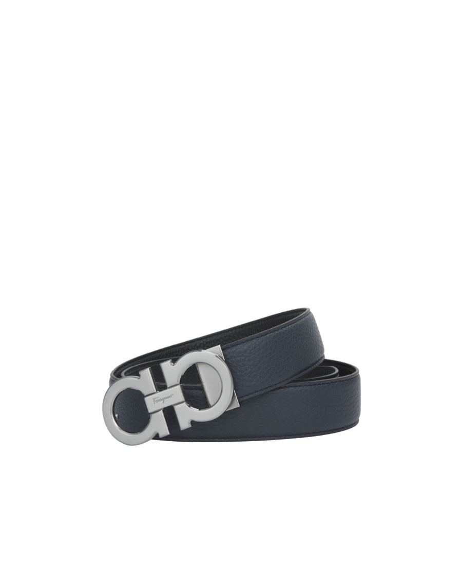 Ferragamo Dark Blue Silver Buckle Double-sided Gancini Belt