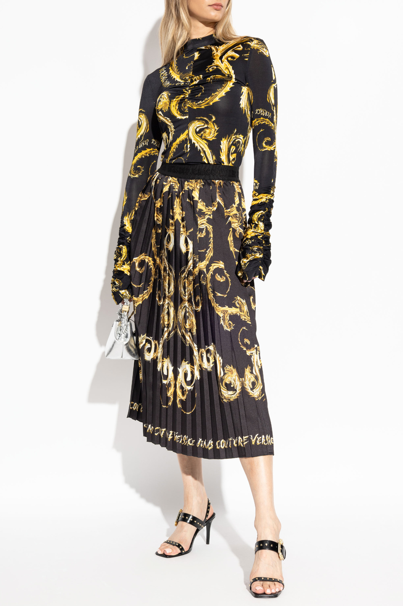 Shop Versace Jeans Chromo Couture Pleated Midi Skirt In Black