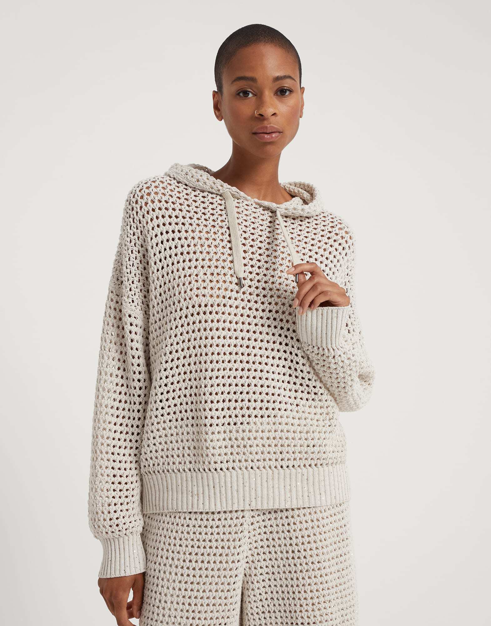 Brunello Cucinelli Women's Cotton Dazzling Net Hooded Sweater In White