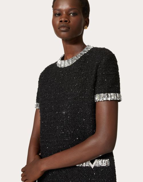 Valentino Tweed Embroidered Mini Dress With Patch Pockets In Black