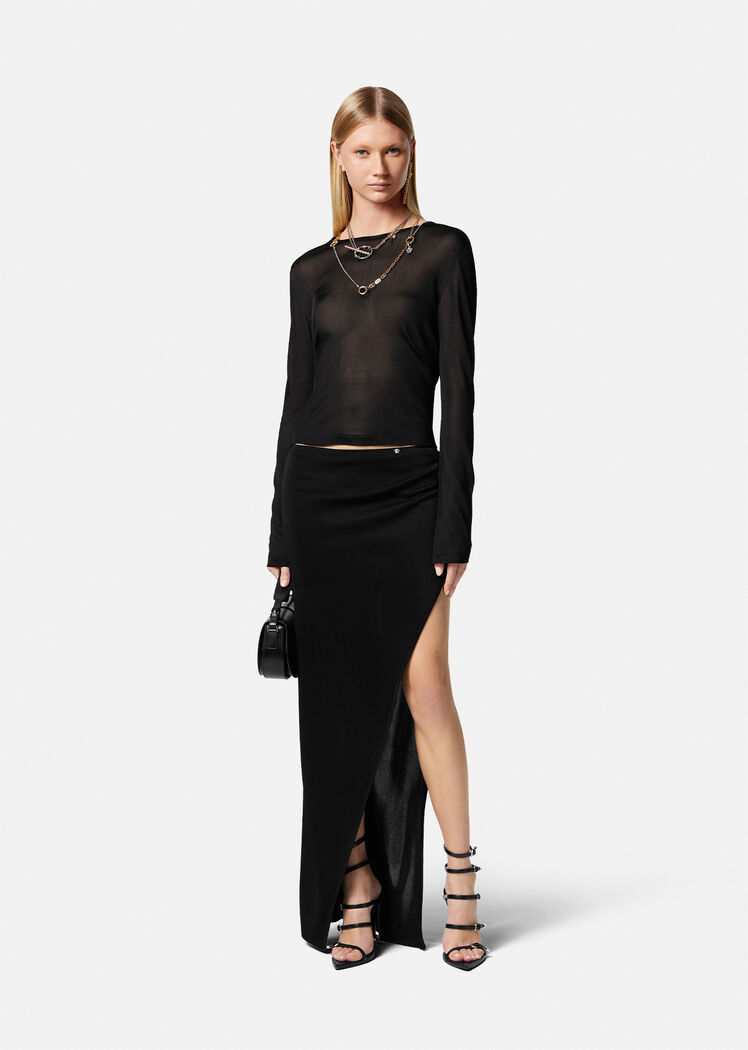 Versace Side-slit Fine-knit Maxi Skirt In Black