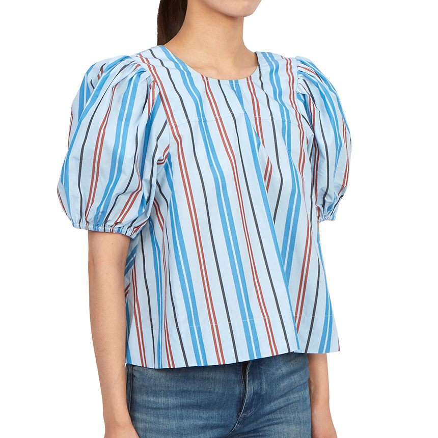 Ganni Stripe-print Organic Cotton Blouse In Blue