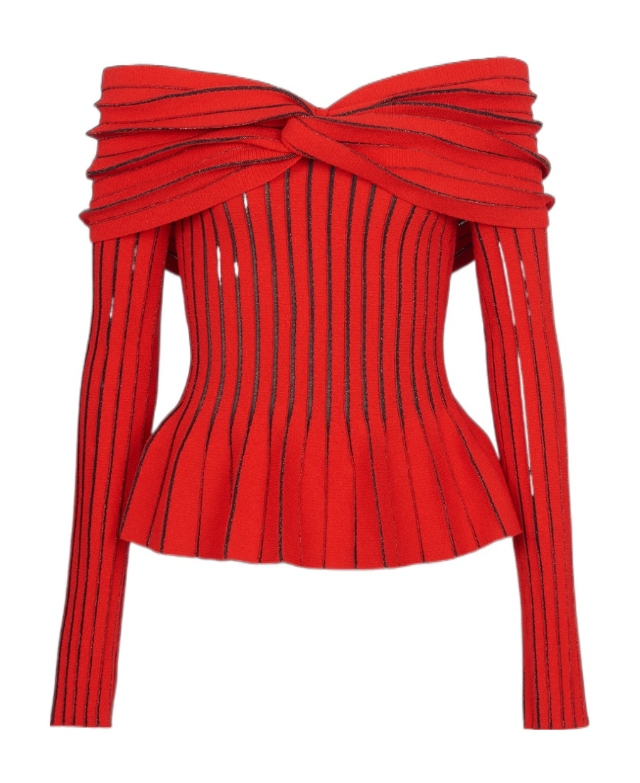 Balmain Off-shoulder Knit Top With Knotted Detail In Red