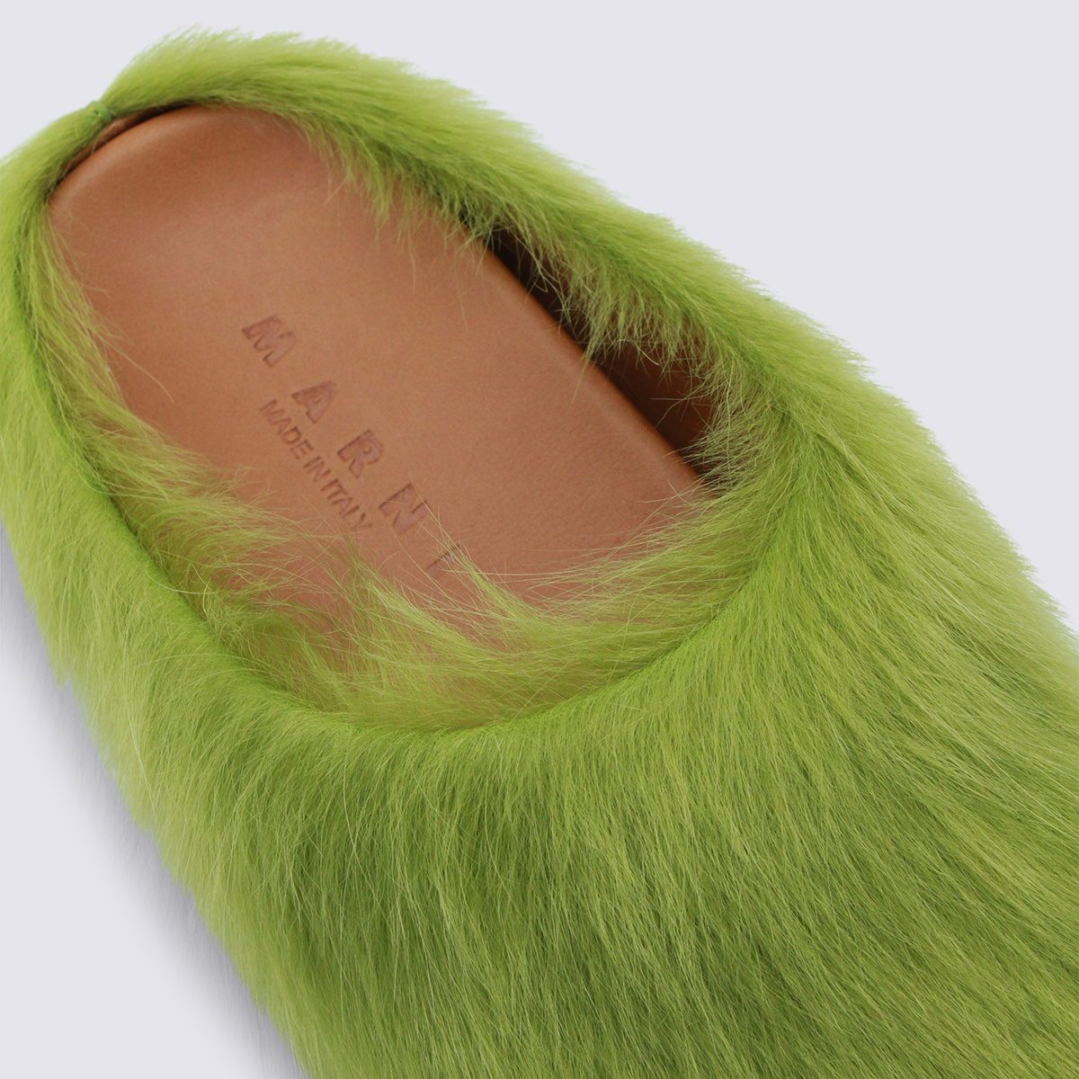 Marni Faux Fur Round Toe Slippers With Heel In Green