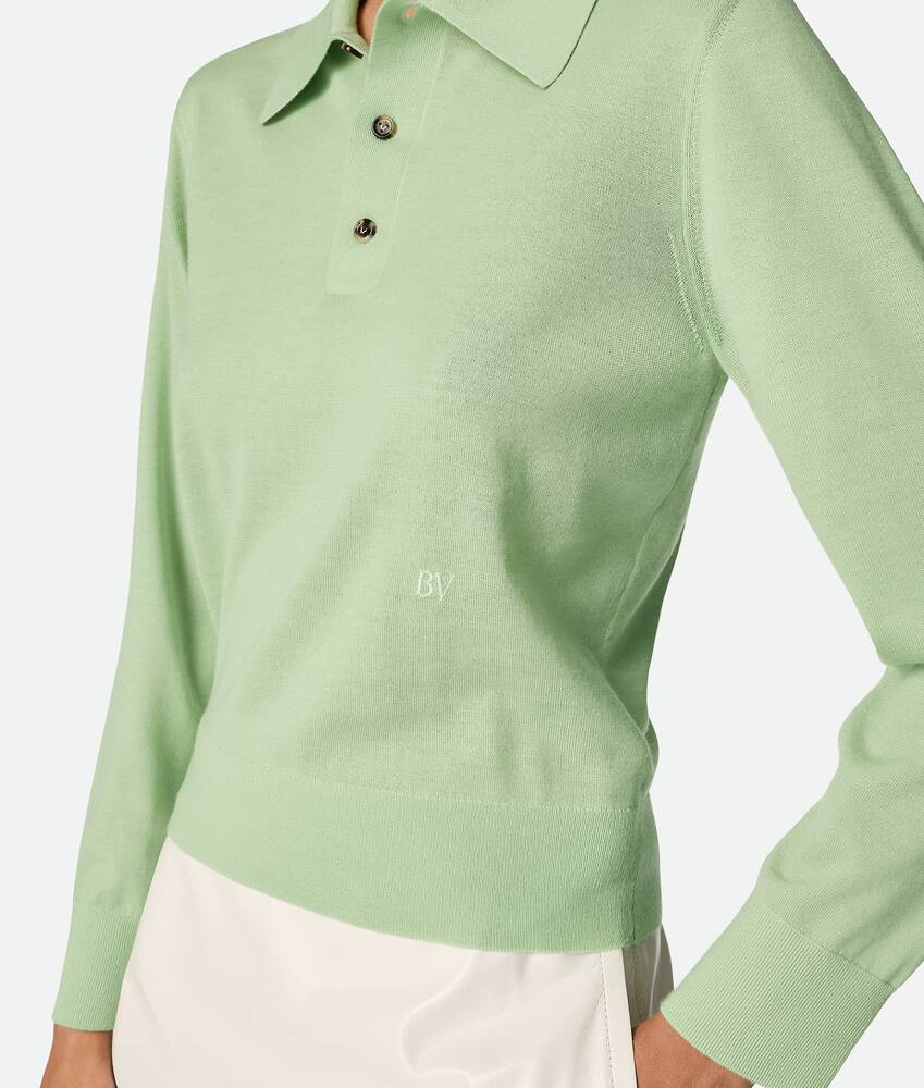 Bottega Veneta Green Polo With Classic Collar And Embroidered Logo On The Front In Light Cashmere Wo In Green