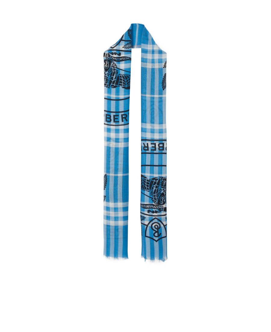 Burberry Montage-print Frayed-edge Scarf In Blue
