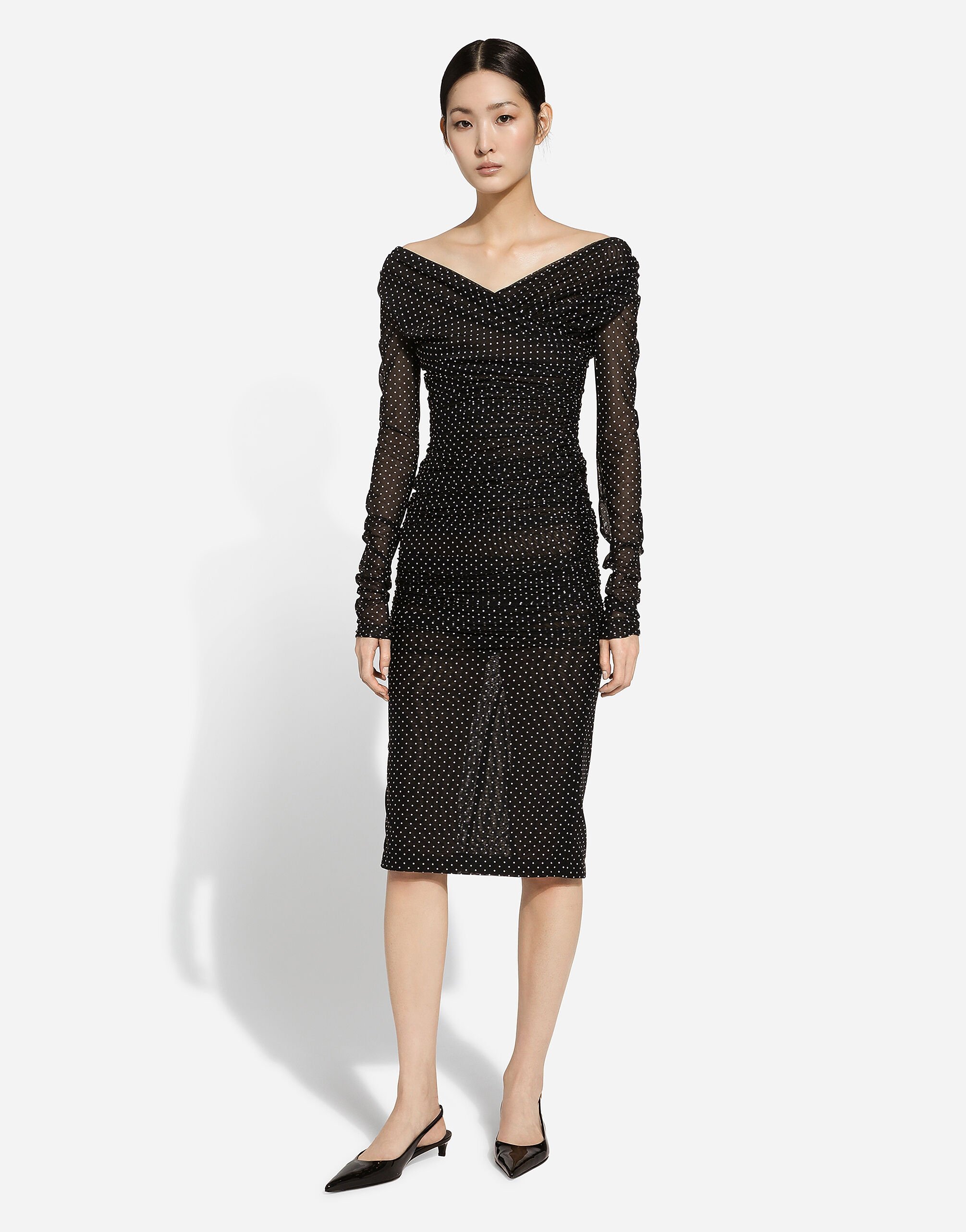 Dolce & Gabbana Tulle Calf-length Dress With Draping And Polka-dot Print In Black