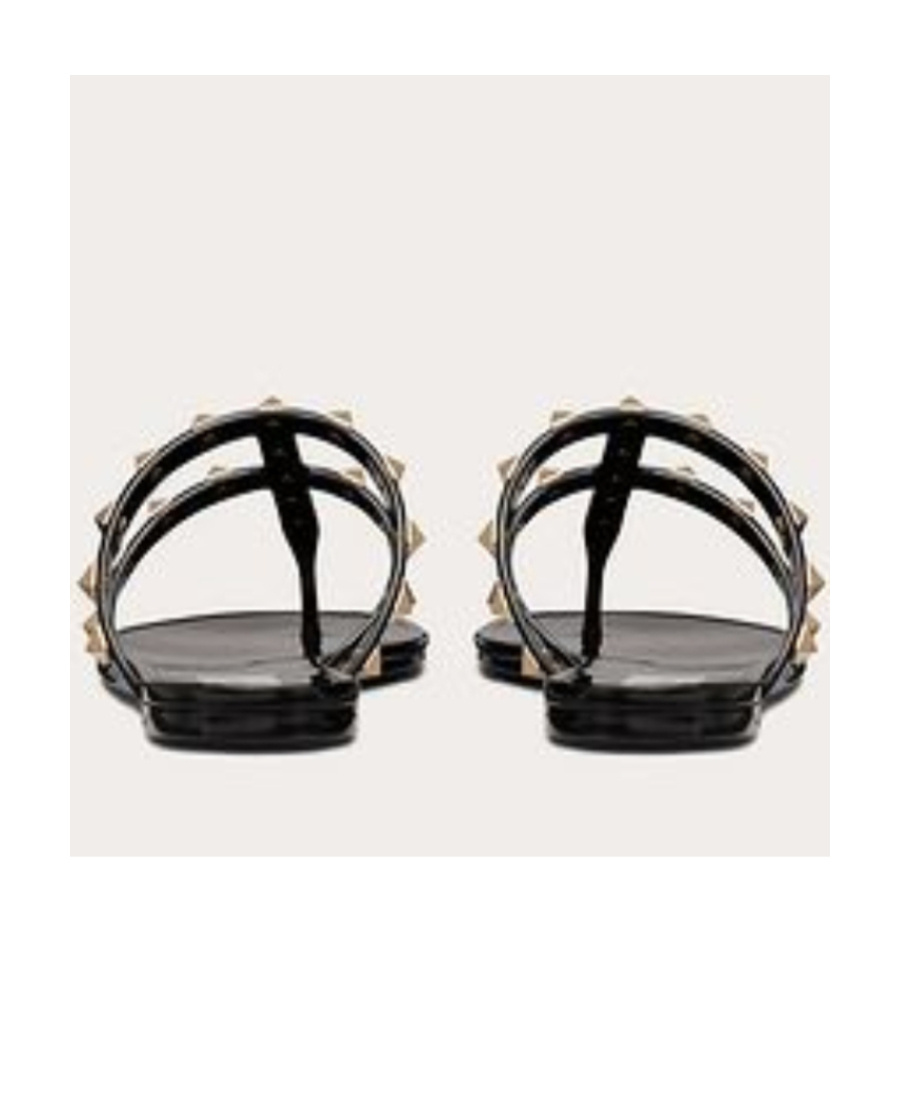 Valentino Rockstud T-strap Flat Slide Sandals In Black