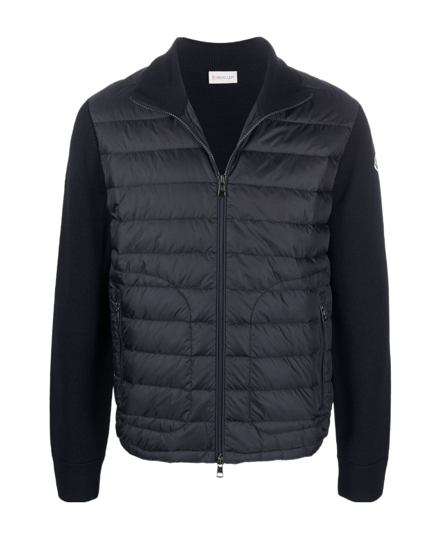 Moncler Quilted Down Jacket With Knitted Sleeves In Blue