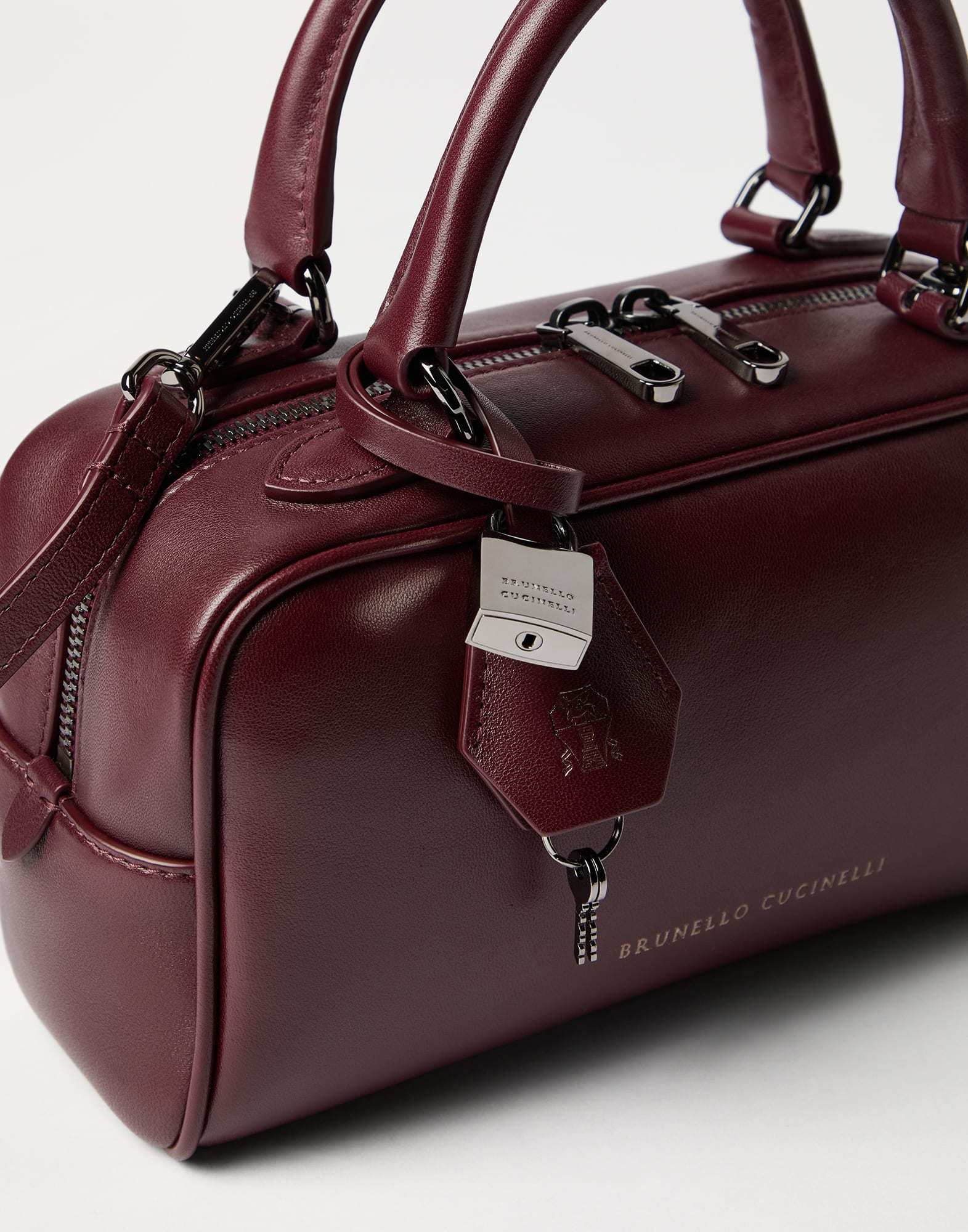 Brunello Cucinelli Explorer Small Boston In Glossy Nappa Leather Bags In Burgundy