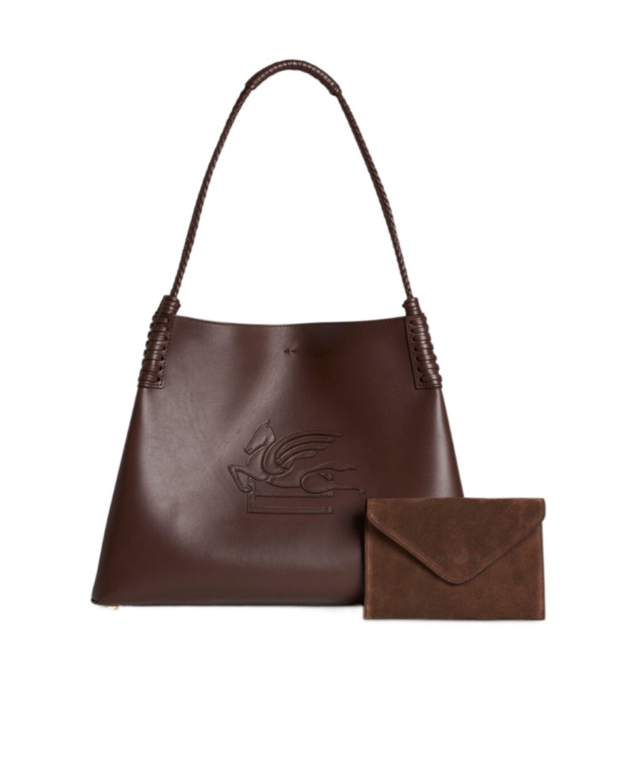 Etro Brown Leather Bag With Embroidered Logo In Multicolor