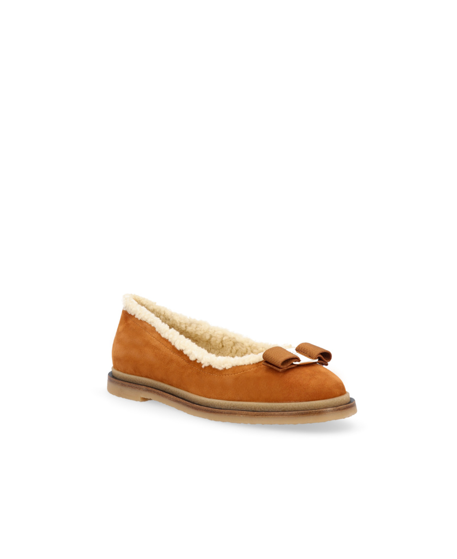 Ferragamo Varina Shearling-lined Bow-embellished Suede Ballet Flats In Brown