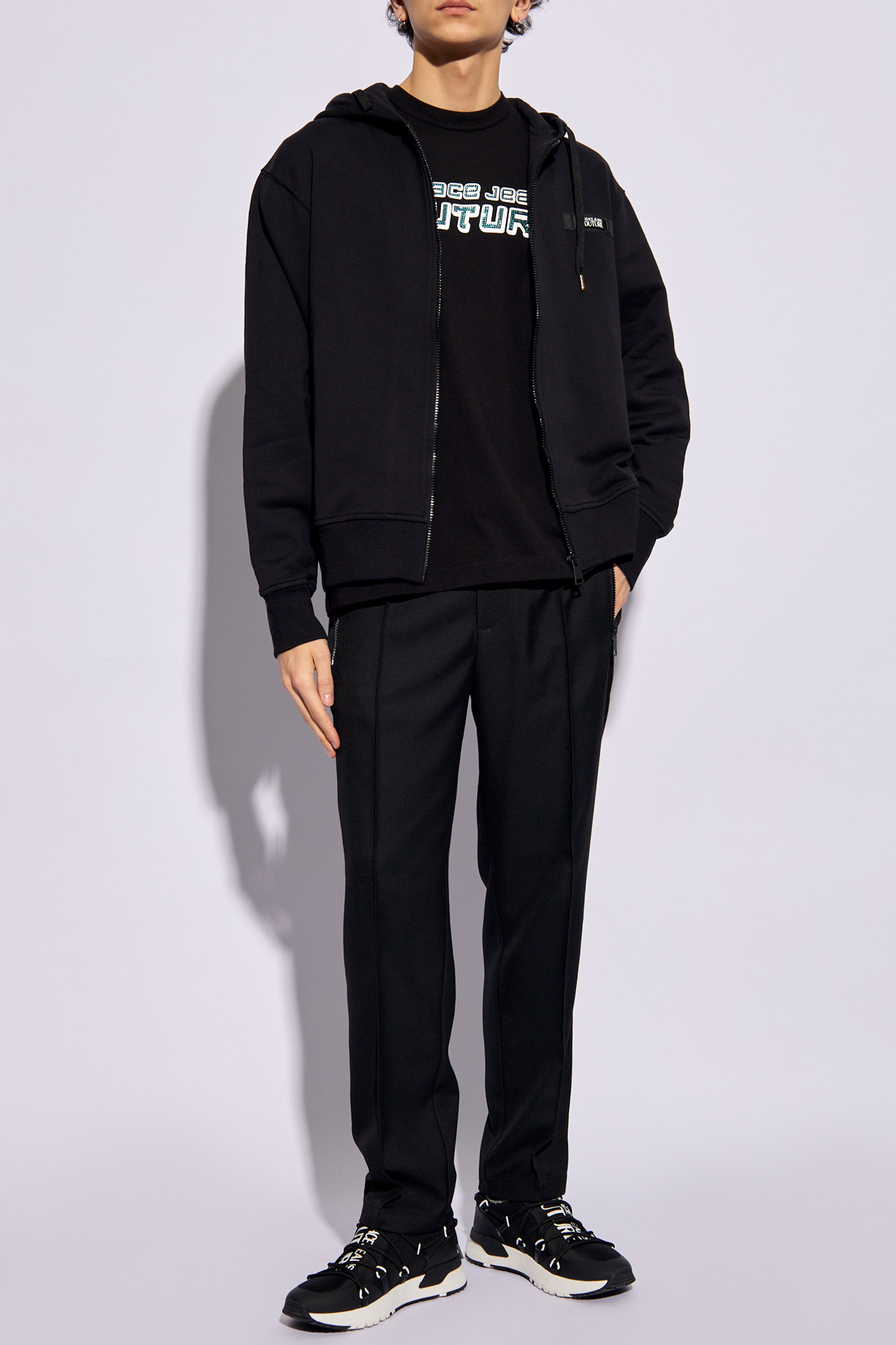 Versace Jeans Logo-patch Cotton Zip-up Hoodie In Black