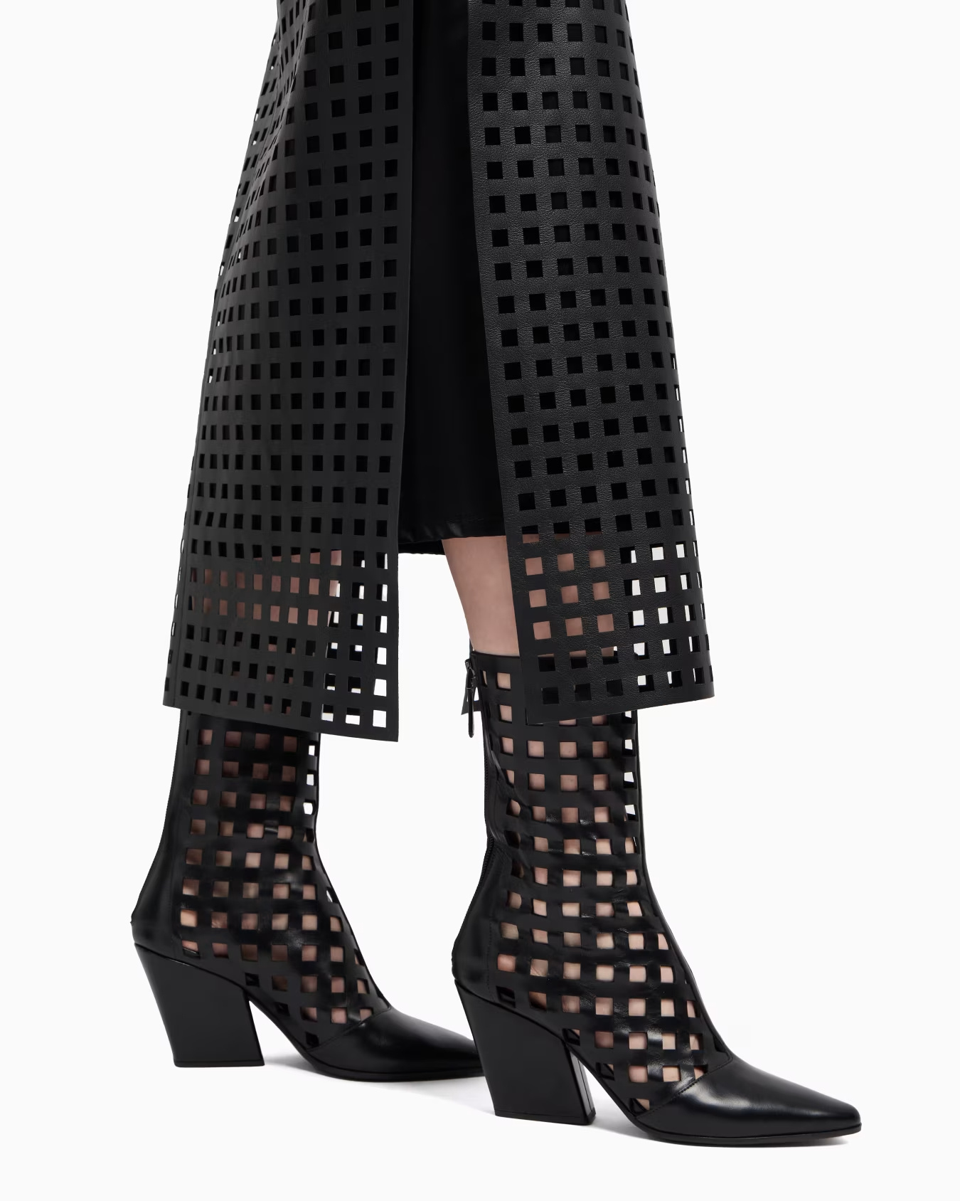 Emporio Armani Polygon Capsule Collection Midi Skirt In Vegetable-tanned Nappa Leather With Laser-cut Perforations In Black