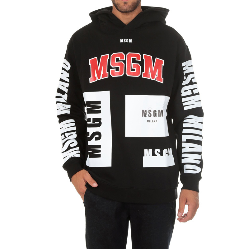 Msgm Black Printed Hooded Hoodie In Black