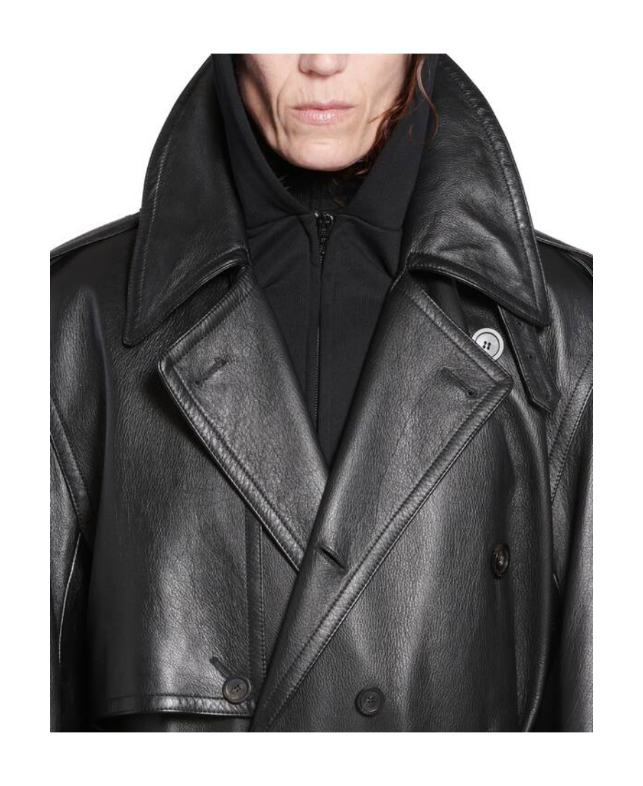 Balenciaga Notched-lapels Leather Trench Coat In Black