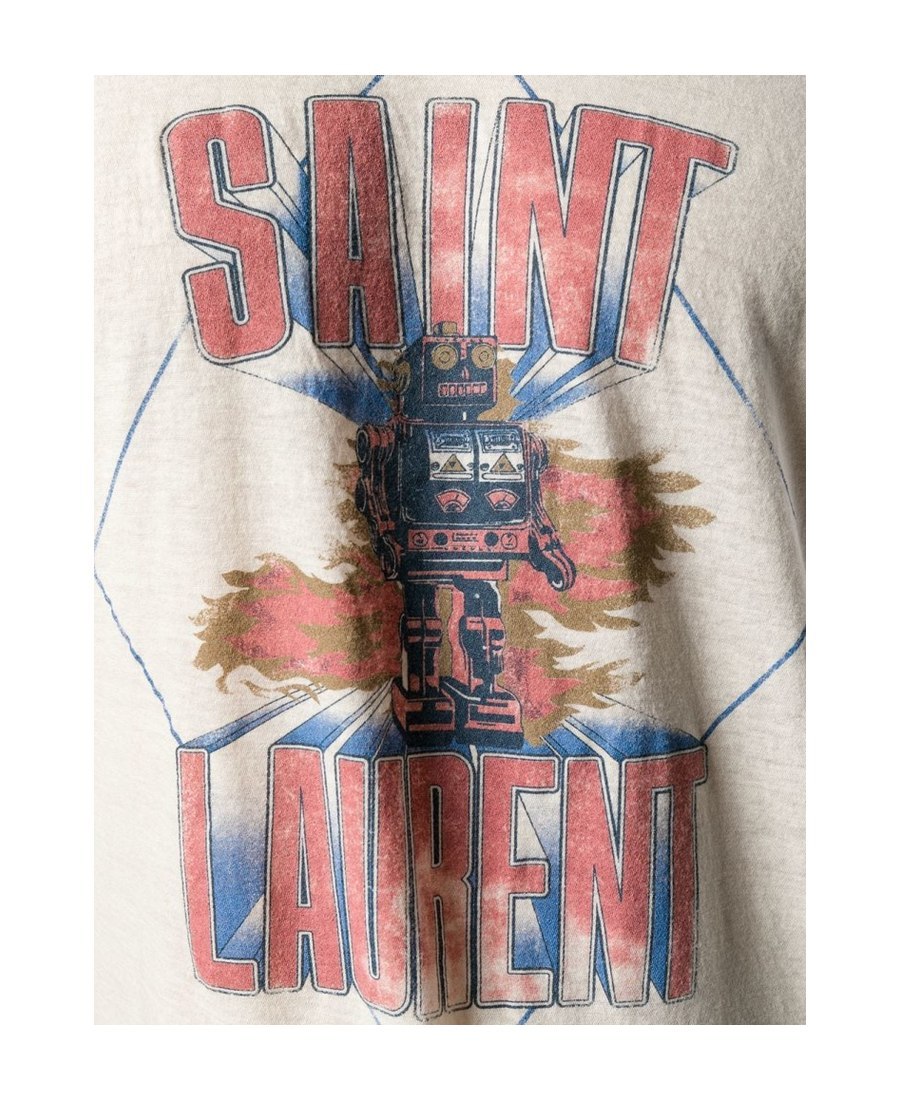 Saint Laurent Robot Logo Pattern T-shirt In White