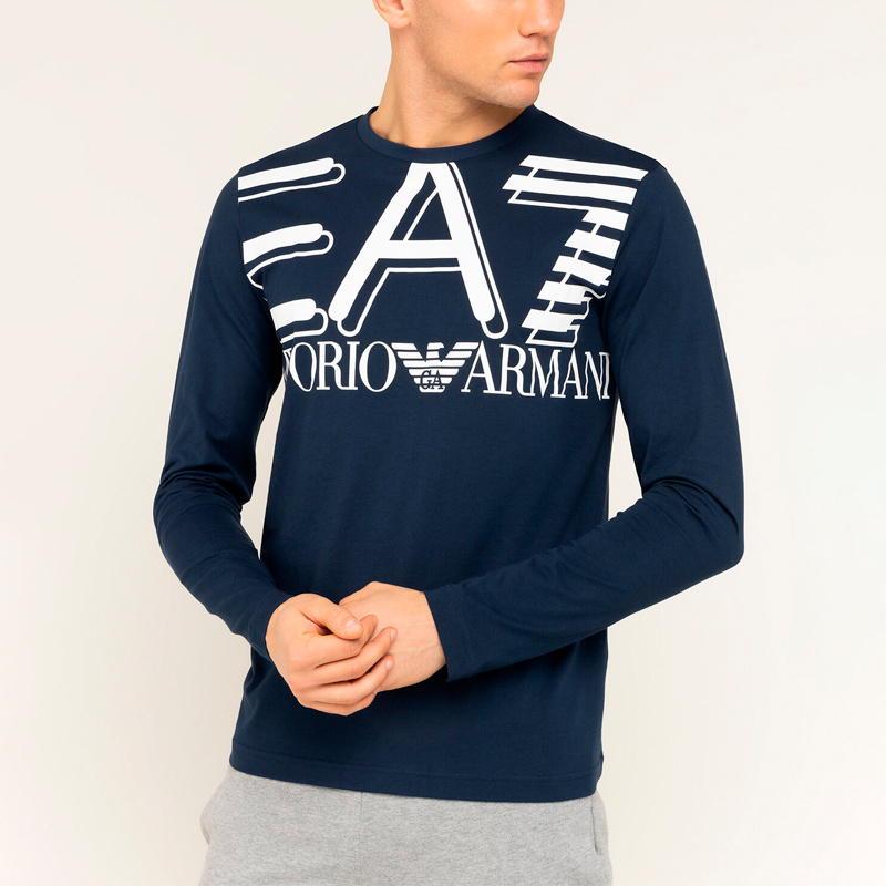 Ea7 T-shirt With Round Neck And Long Sleeves In Blue