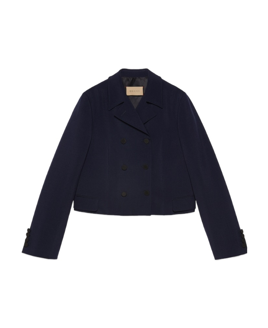 Gucci Double-breasted Mohair Cropped Jacket In Blue