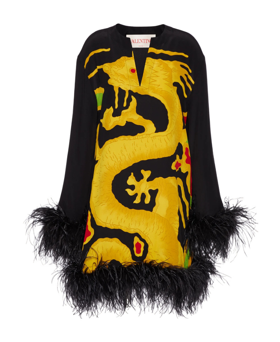 Valentino Dragon-print Feather-trim Silk Dress In Brown