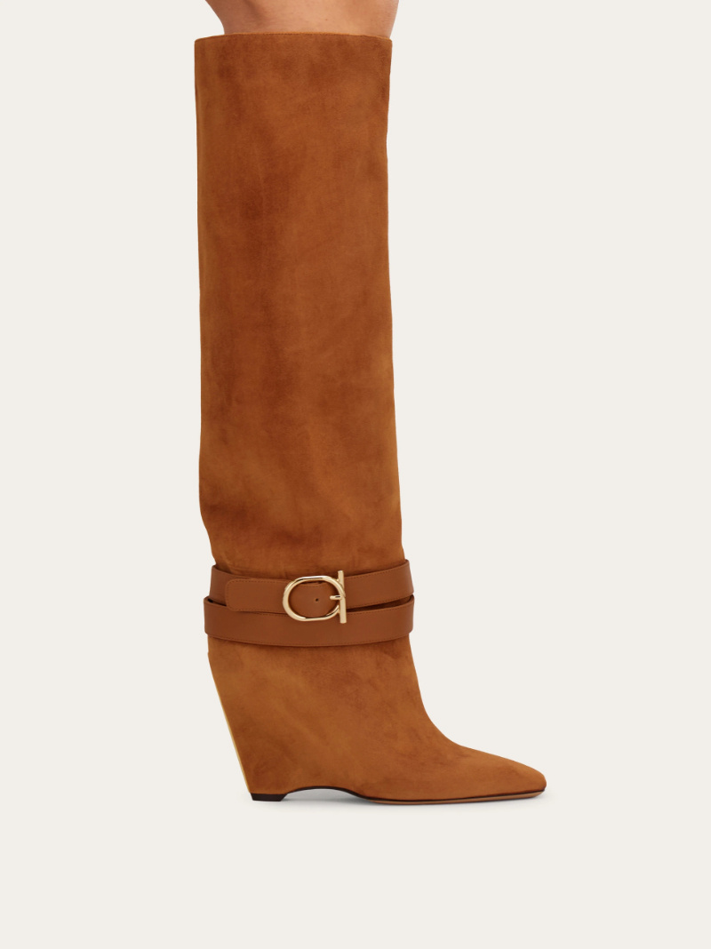 Ferragamo Knee High Boot With Wedge Heel In Brown