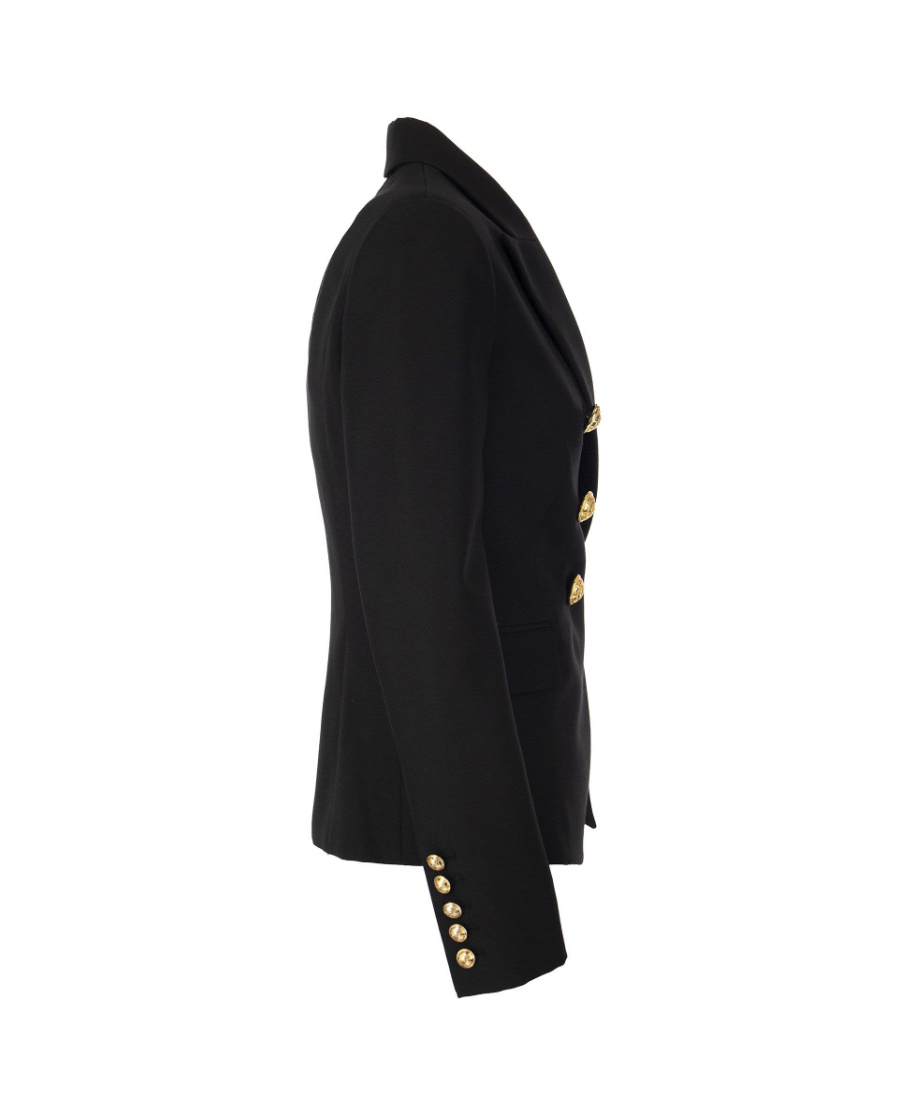 Balmain Black Double-breasted Jacket With Branded Buttons And Asymmetric Cut In Wool Woman In Black