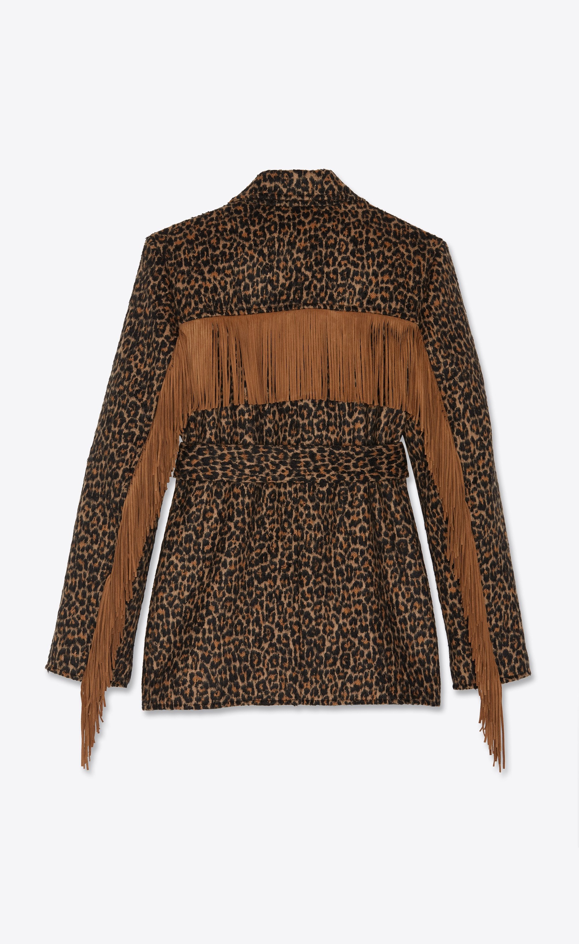 Saint Laurent Belted Fringed Leopard Wool-blend Jacquard Jacket In Black