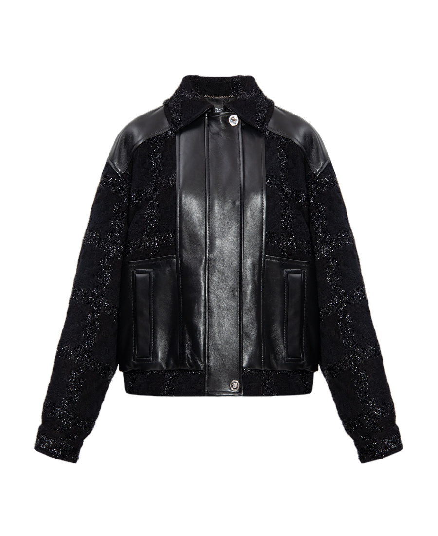 Versace Glitter-detail Leather Bomber Jacket In Black