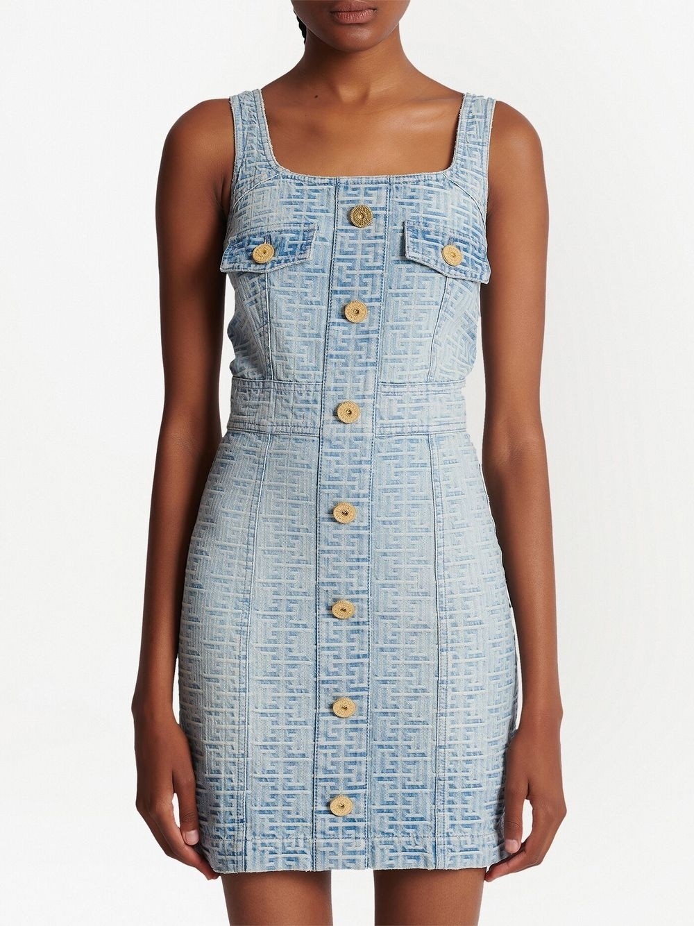 Shop Balmain Monogrammed Short Denim Dress In Gray