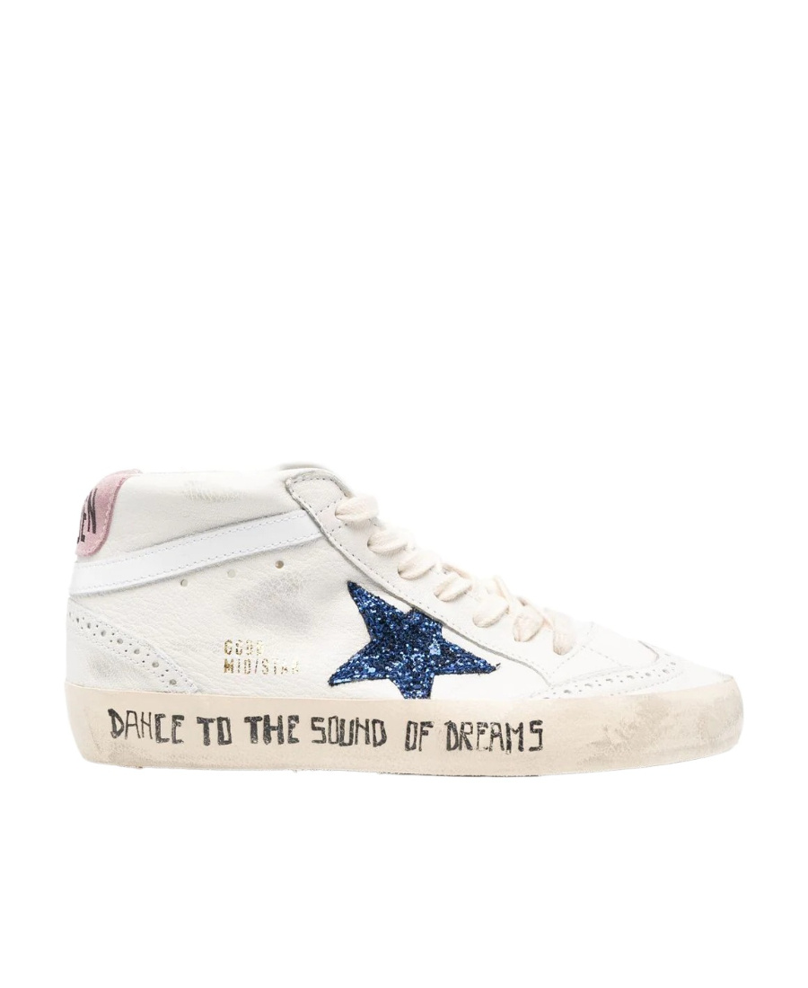 Golden Goose Mid Star With Blue Glitter Star And Pink Suede Heel Tab In White
