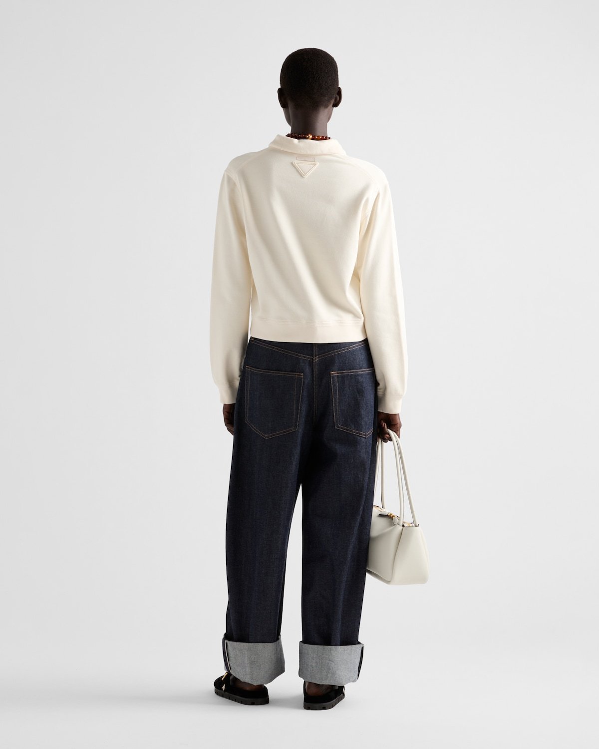 Prada Logo-embroidered Long-sleeved Polo Shirt In White