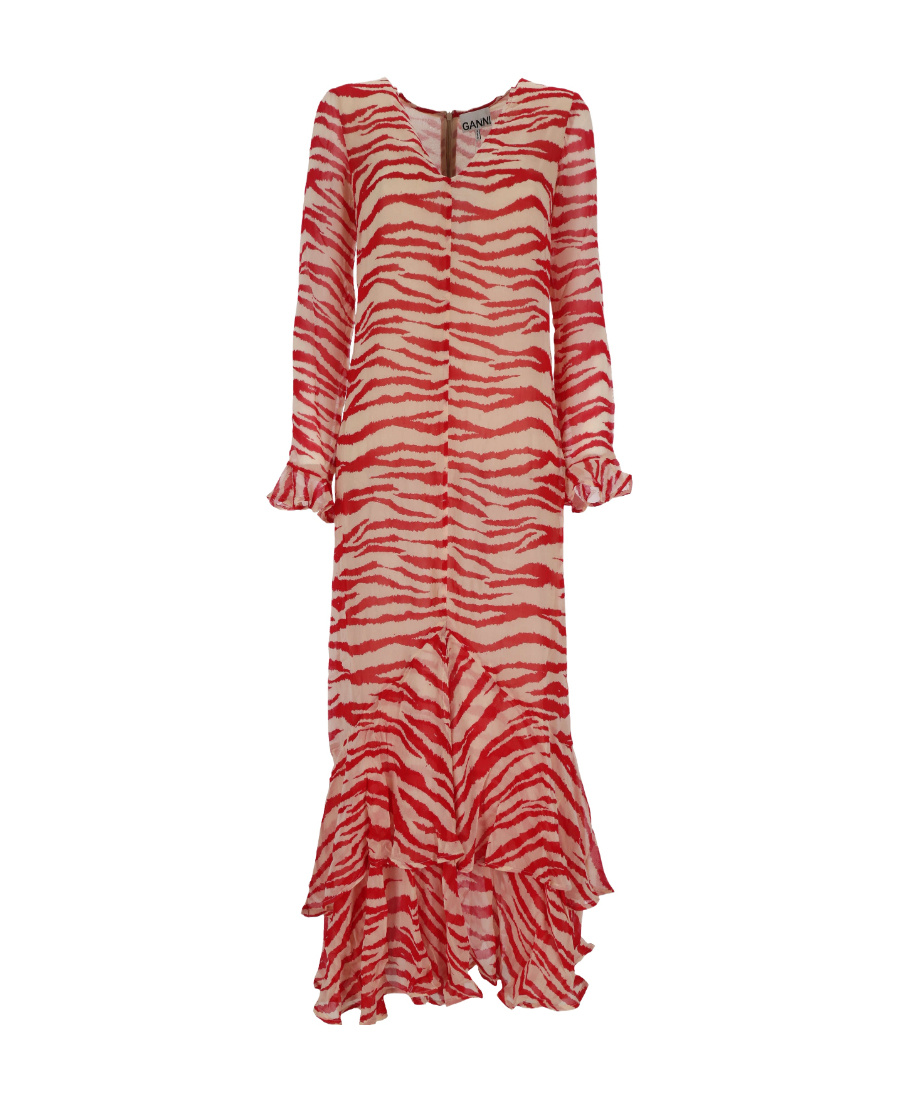 Ganni Ruffled Tiger-print Georgette Maxi Dress In Red