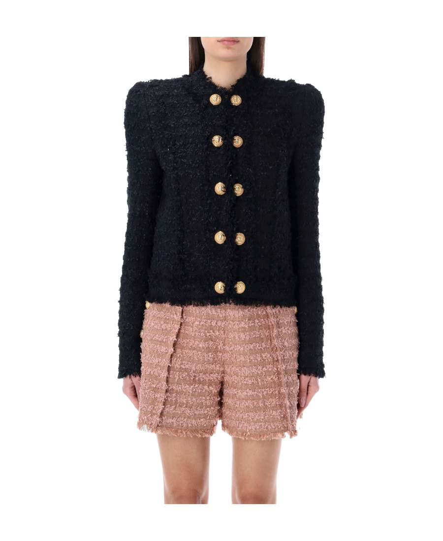 Balmain Collarless Four-pocket Tweed Jacket In Black