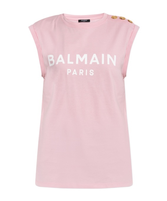 Balmain Logo Button Crew Neck Sleeveless Top In Pink
